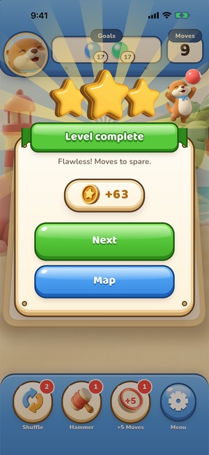 Üç yıldızlı kazanma ekranı ve sevinen Lodos
